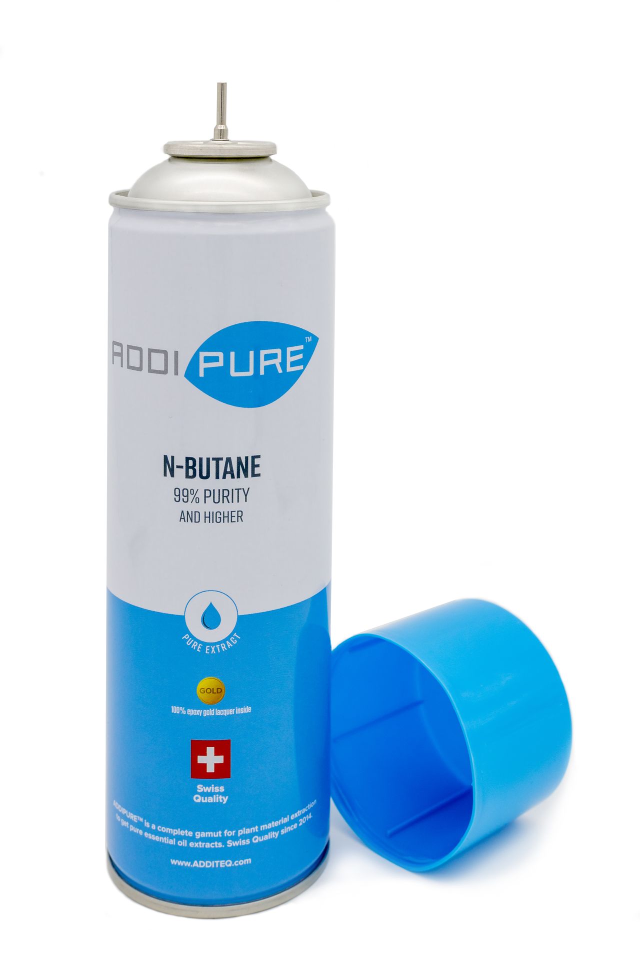 ADDIPURE n-Butane, 500ml can. Organic extraction gas. Certified 99.39% purity. Food-safe. Odourless, filtered multiple times. High extract yield. Swiss quality.