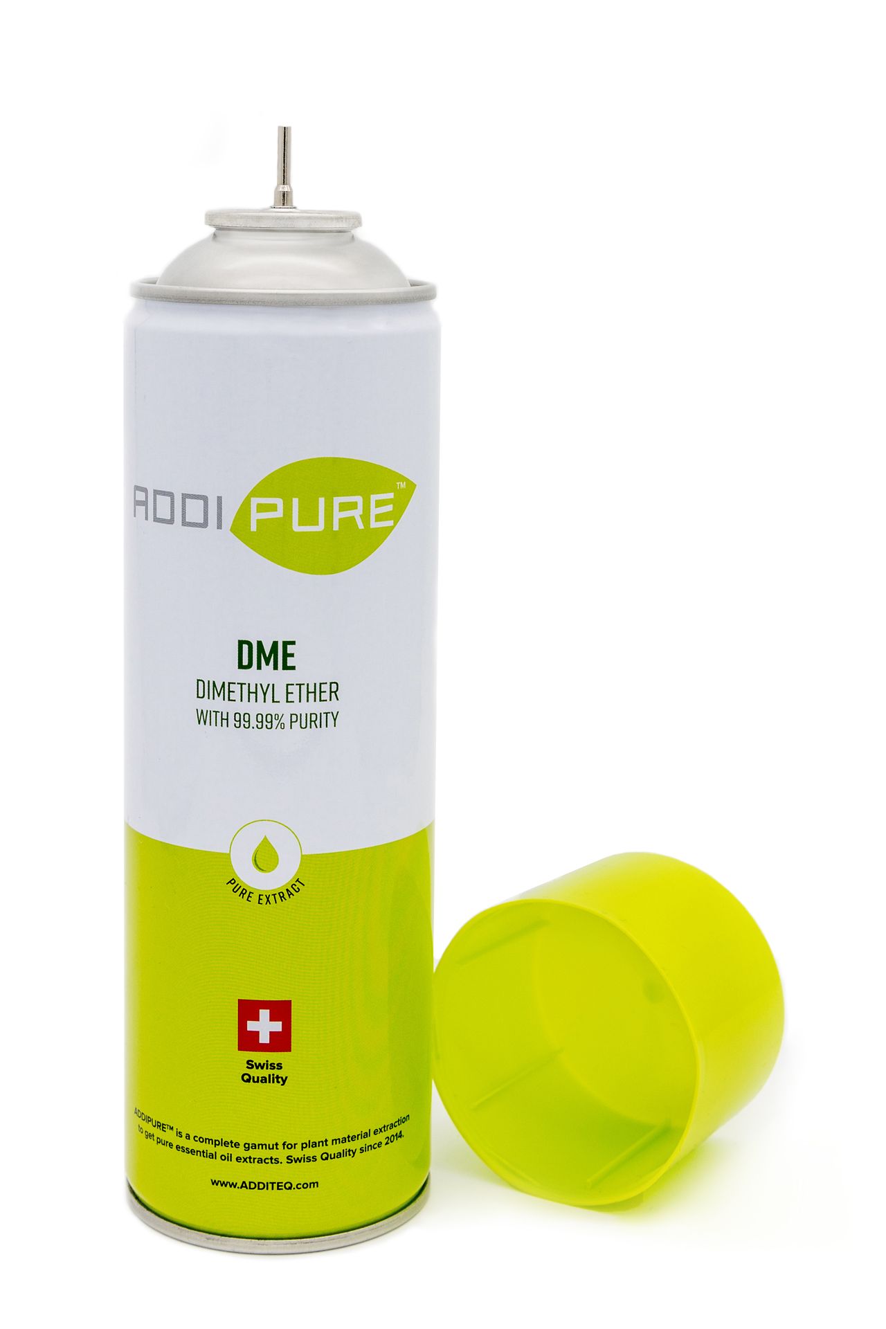 ADDIPURE Dimethyl Ether (DME) ADDIPURE Dimethyl Ether (DME), 500 ml can. Organic extraction gas. Certified 99.99% purity. Food safe. Wide solution spectrum. High extraction yield. Swiss quality.