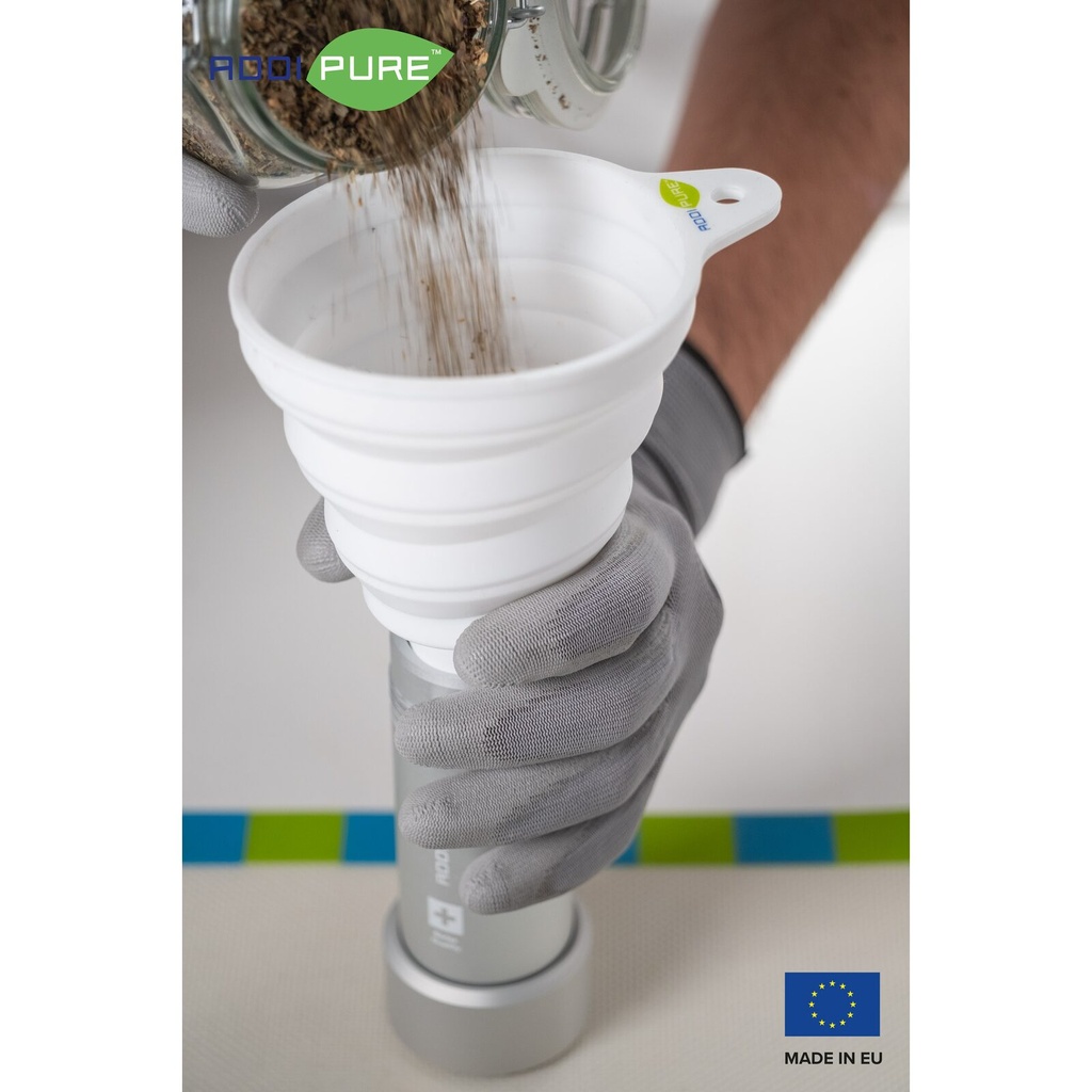 BHO Extractor ADDIPURE 60*50 (non-height-adjustable) for oil, BHO and DHO. Capacity 20 g. Aluminium, food grade anodised finish. 3-layer filter for maximum purity. Swiss quality.