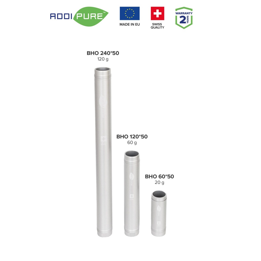 Extraction tube 240*50 for ADDIPURE modular system. For use with BHO Extractor ADDIPURE 50. Capacity 120 g. Aluminium, food grade anodised finish. Swiss quality.
