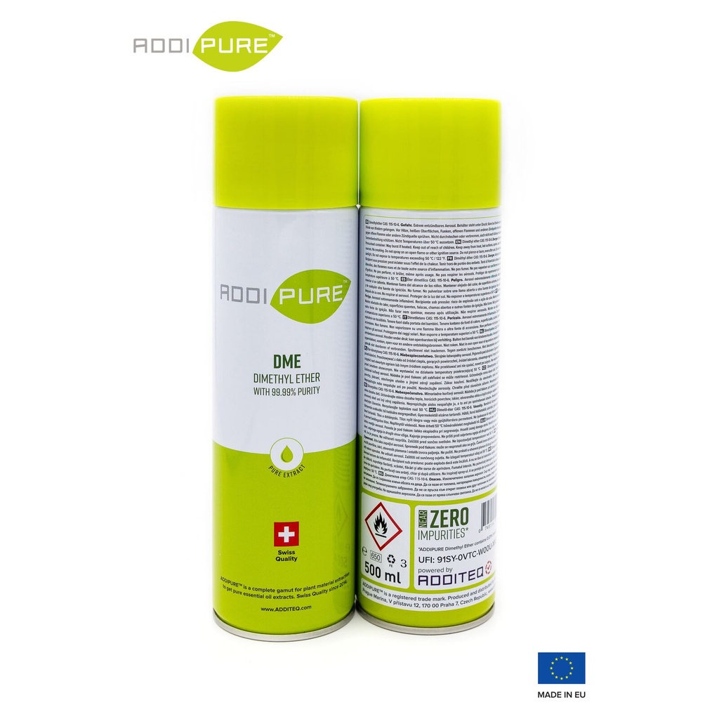 ADDIPURE Dimethyl Ether (DME), 500 ml can. Organic extraction gas. Certified 99.99% purity. Food safe. High extraction yield. Swiss quality.