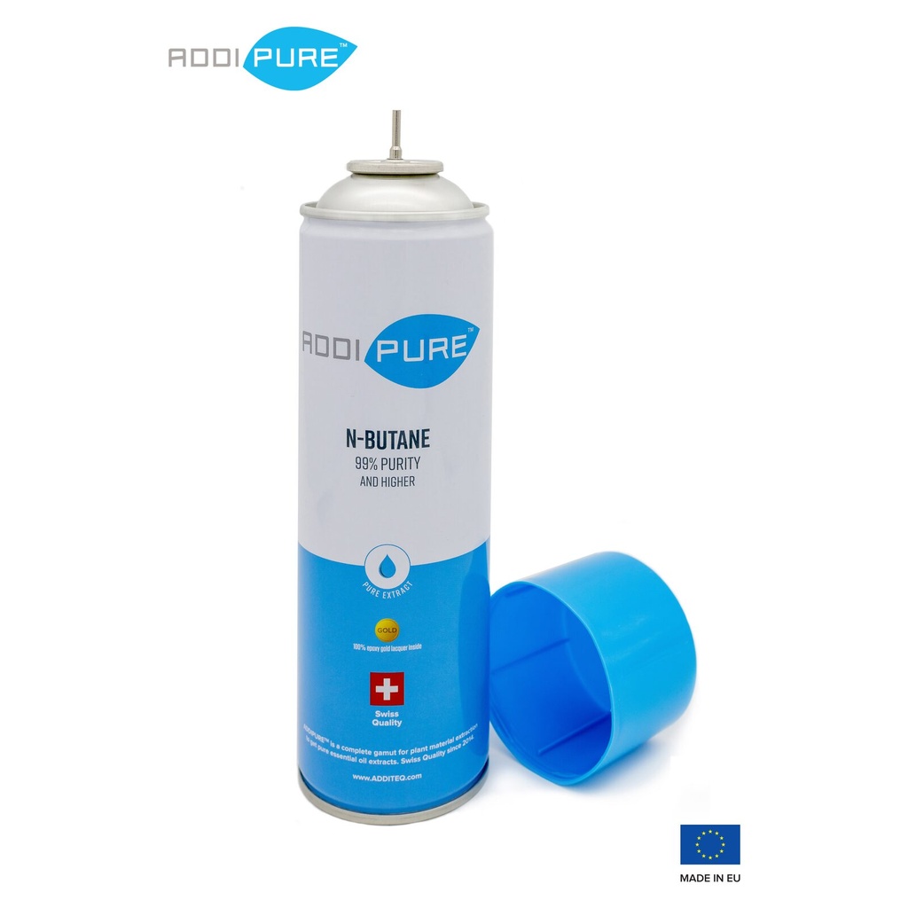 ADDIPURE n-Butane, 500 ml can. Organic extraction gas. Certified 99.39% purity. Food safe. High extraction yield. Swiss quality.