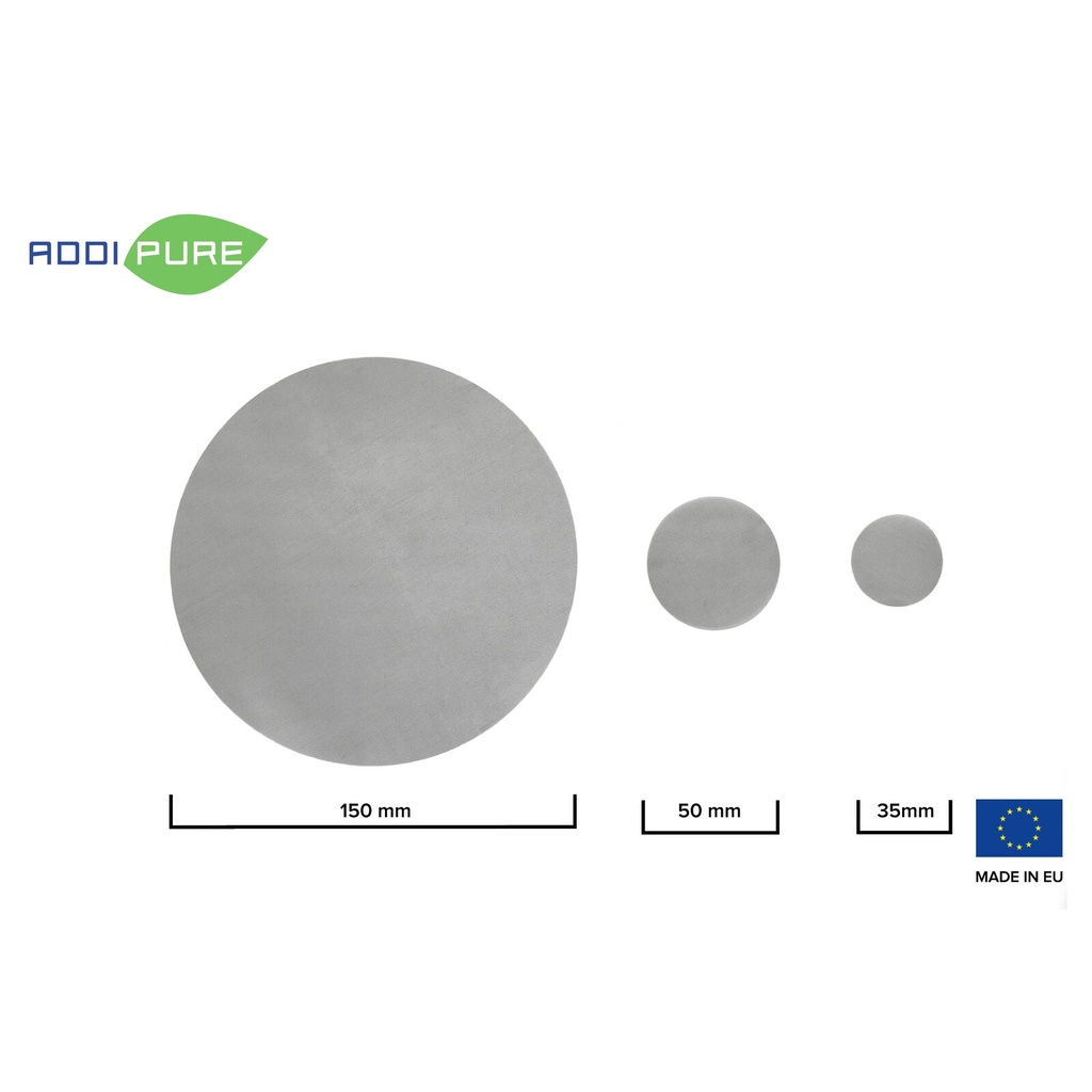 Set of 2 DXQ stainless steel filters, fine mesh (50 µm), diameter: 150 mm. Ideal for oil, BHO and DHO extraction. Compatible with extractors from different manufacturers.