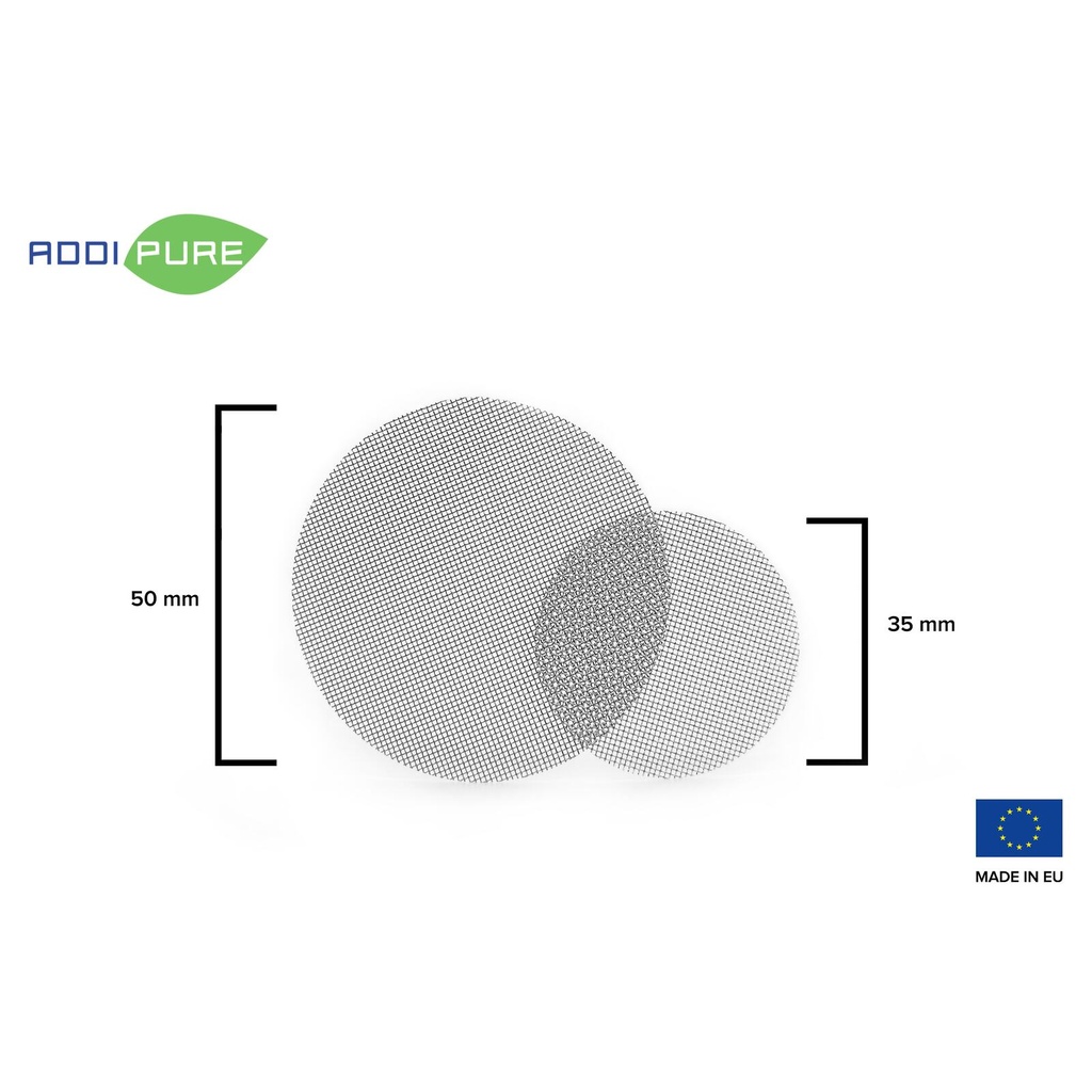 Set of 2 AIQ stainless steel filters, coarse mesh (400 µm), diameter: 35 mm. Ideal for oil, BHO and DHO extraction. For use with BHO Extractor ADDIPURE 35.