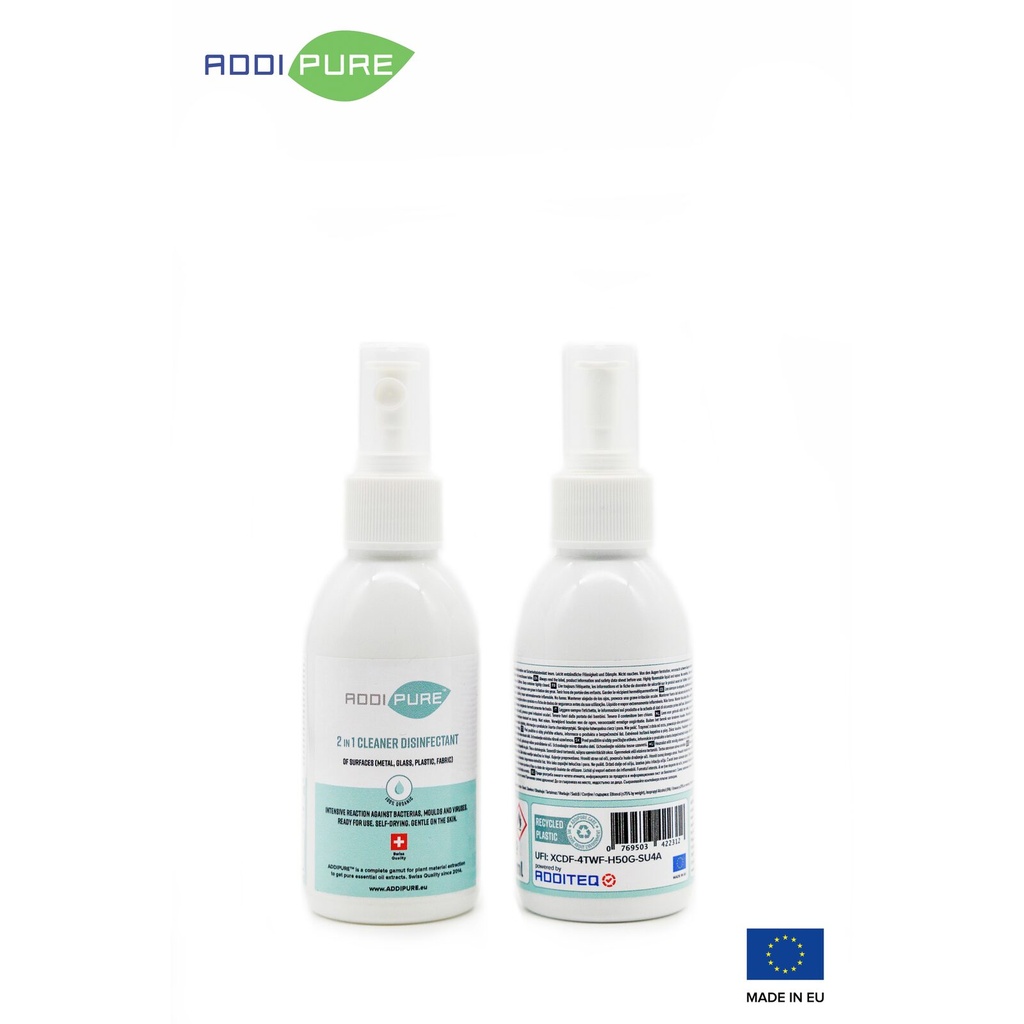 ADDIPURE 2in1 Cleaner Disinfectant, 150 ml, spray. For highly effective, fast-acting elimination of bacteria, germs, viruses and mould. Organic product. Ready to use. Self-drying. Kind to skin.