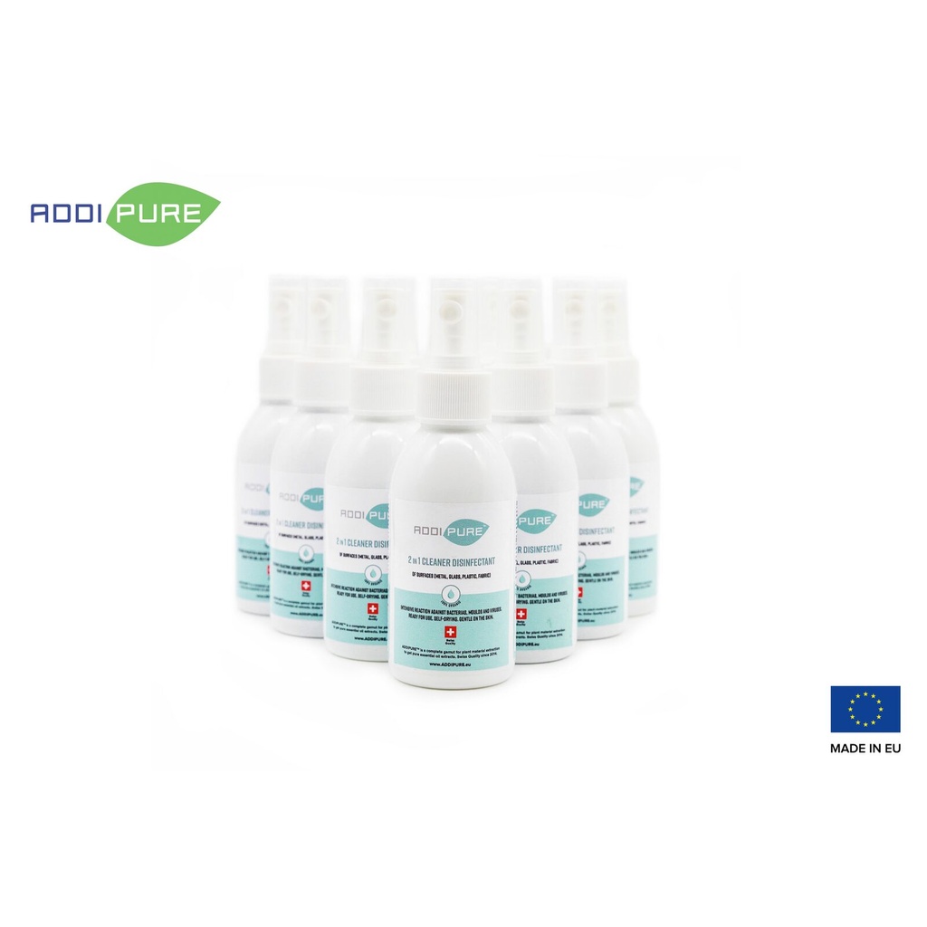 ADDIPURE 2in1 Cleaner Disinfectant, 150 ml, spray. For highly effective, fast-acting elimination of bacteria, germs, viruses and mould. Organic product. Ready to use. Self-drying. Kind to skin.