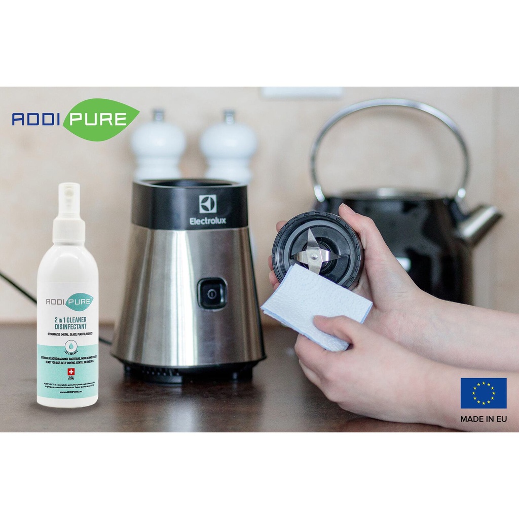 ADDIPURE 2in1 Cleaner Disinfectant, 150 ml, spray. For highly effective, fast-acting elimination of bacteria, germs, viruses and mould. Organic product. Ready to use. Self-drying. Kind to skin.