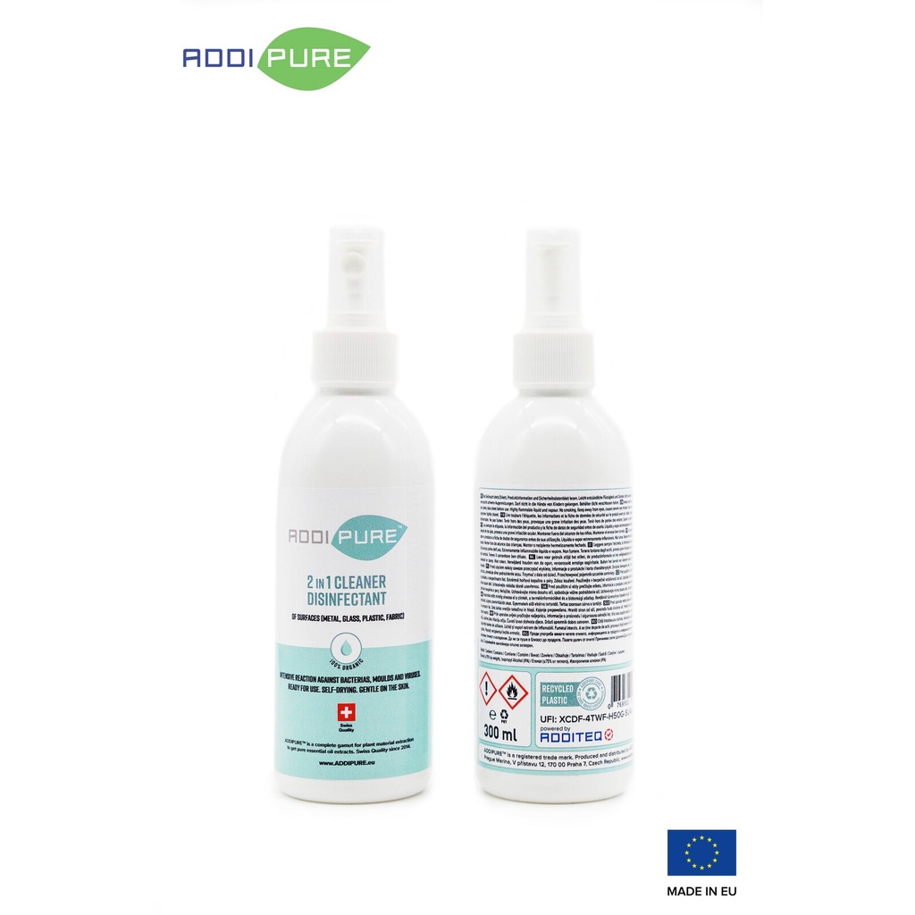 ADDIPURE 2in1 Cleaner Disinfectant, 300 ml, spray. For highly effective, fast-acting elimination of bacteria, germs, viruses and mould. Organic product. Ready to use. Self-drying. Kind to skin.