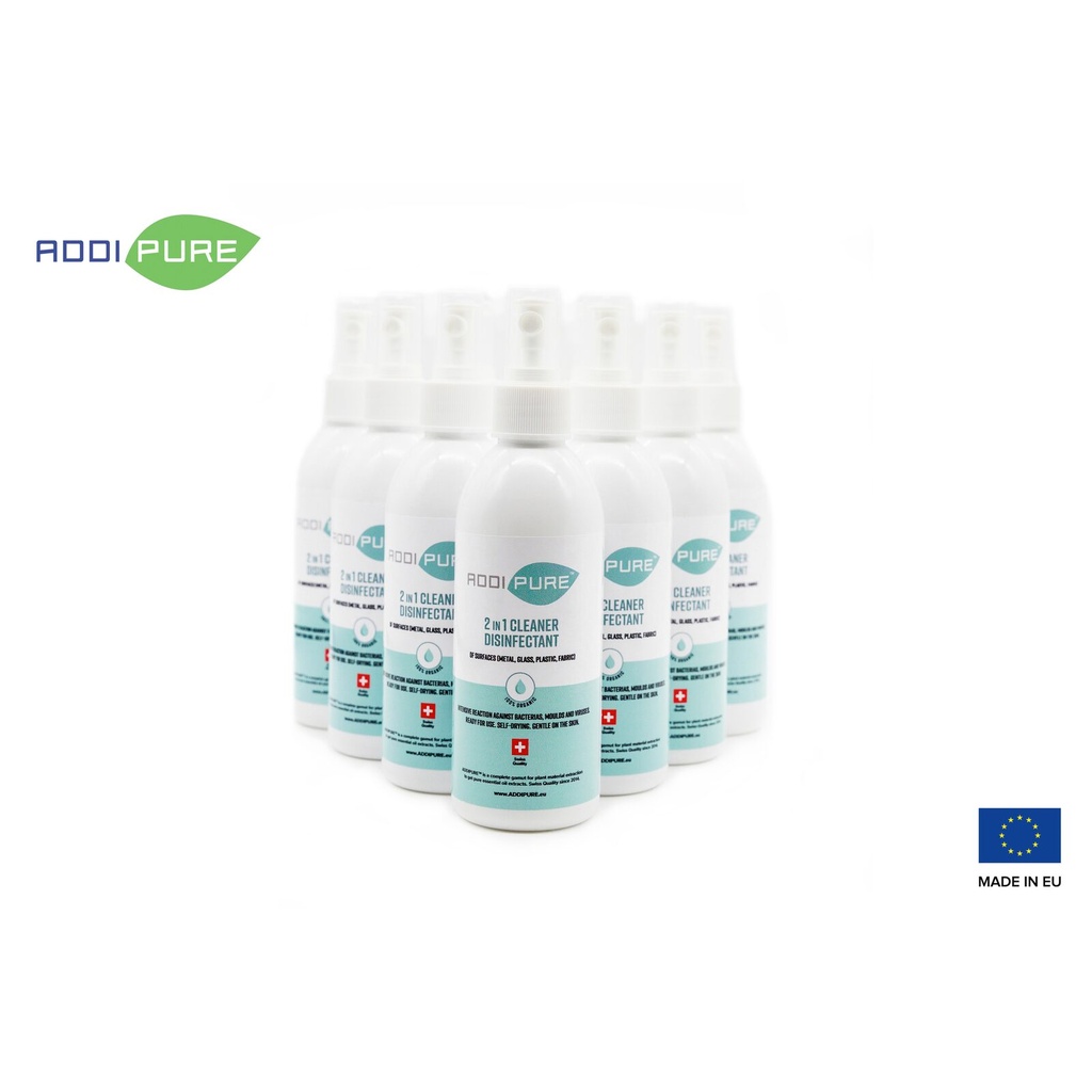 ADDIPURE 2in1 Cleaner Disinfectant, 300 ml, spray. For highly effective, fast-acting elimination of bacteria, germs, viruses and mould. Organic product. Ready to use. Self-drying. Kind to skin.