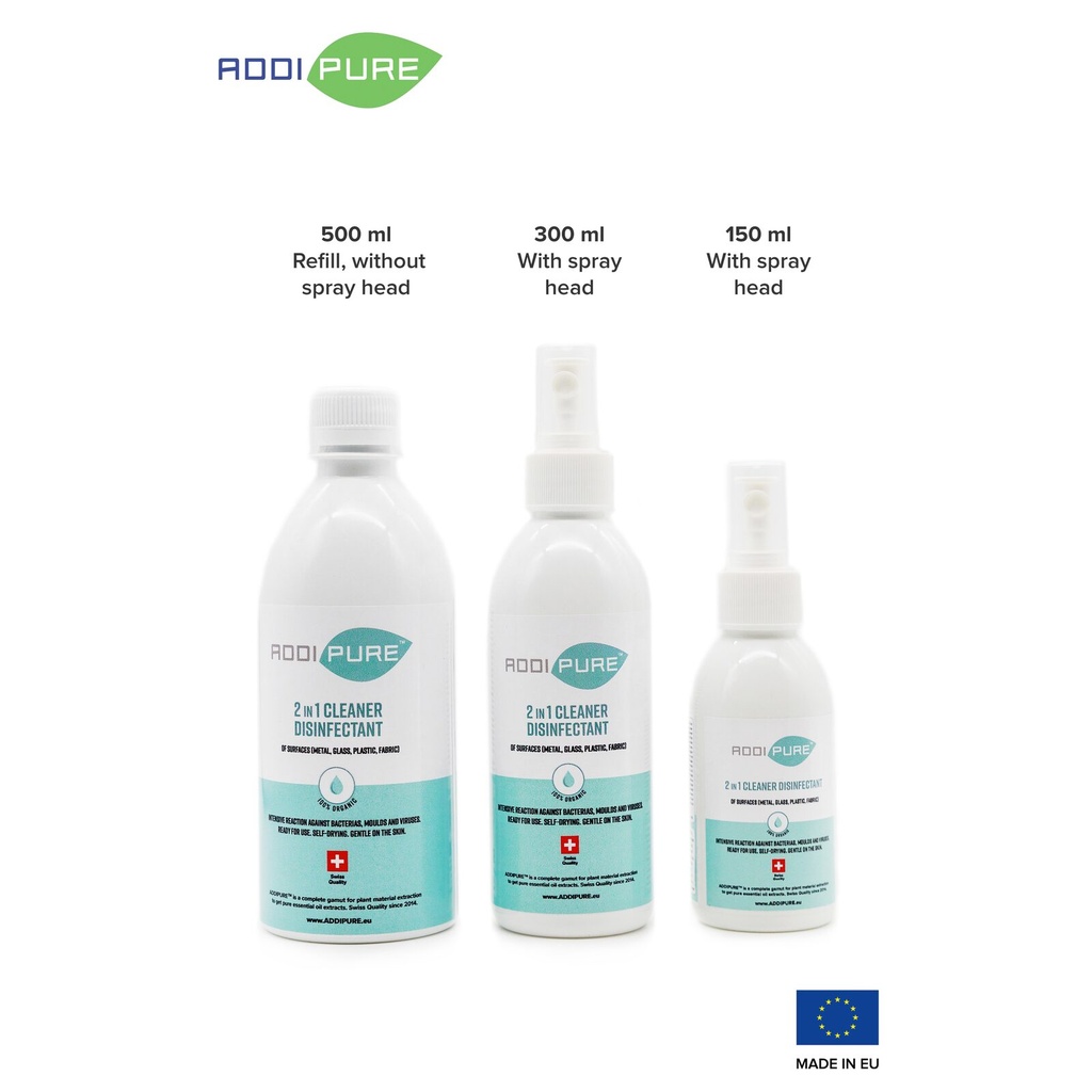 ADDIPURE 2in1 Cleaner Disinfectant, 300 ml, spray. For highly effective, fast-acting elimination of bacteria, germs, viruses and mould. Organic product. Ready to use. Self-drying. Kind to skin.
