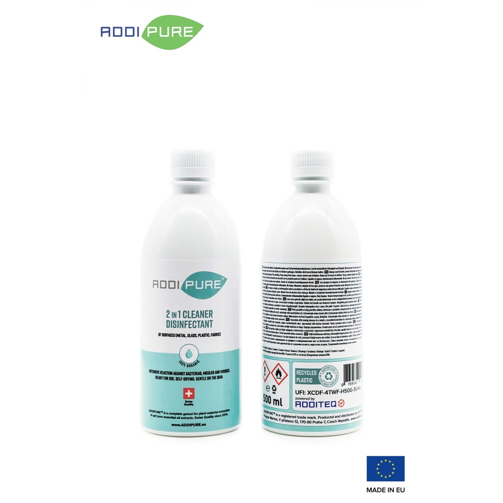 ADDIPURE 2in1 Cleaner Disinfectant, 500 ml, refill. For highly effective, fast-acting elimination of bacteria, germs, viruses and mould. Organic product. Ready to use. Self-drying. Kind to skin.