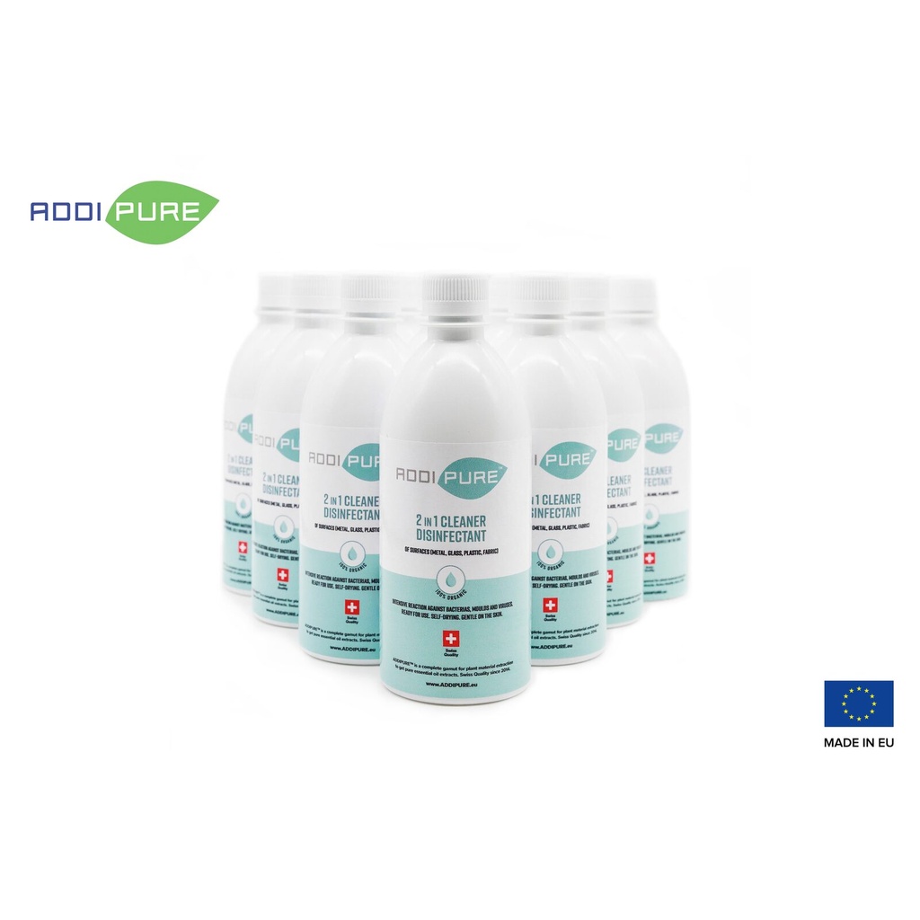 ADDIPURE 2in1 Cleaner Disinfectant, 500 ml, refill. For highly effective, fast-acting elimination of bacteria, germs, viruses and mould. Organic product. Ready to use. Self-drying. Kind to skin.