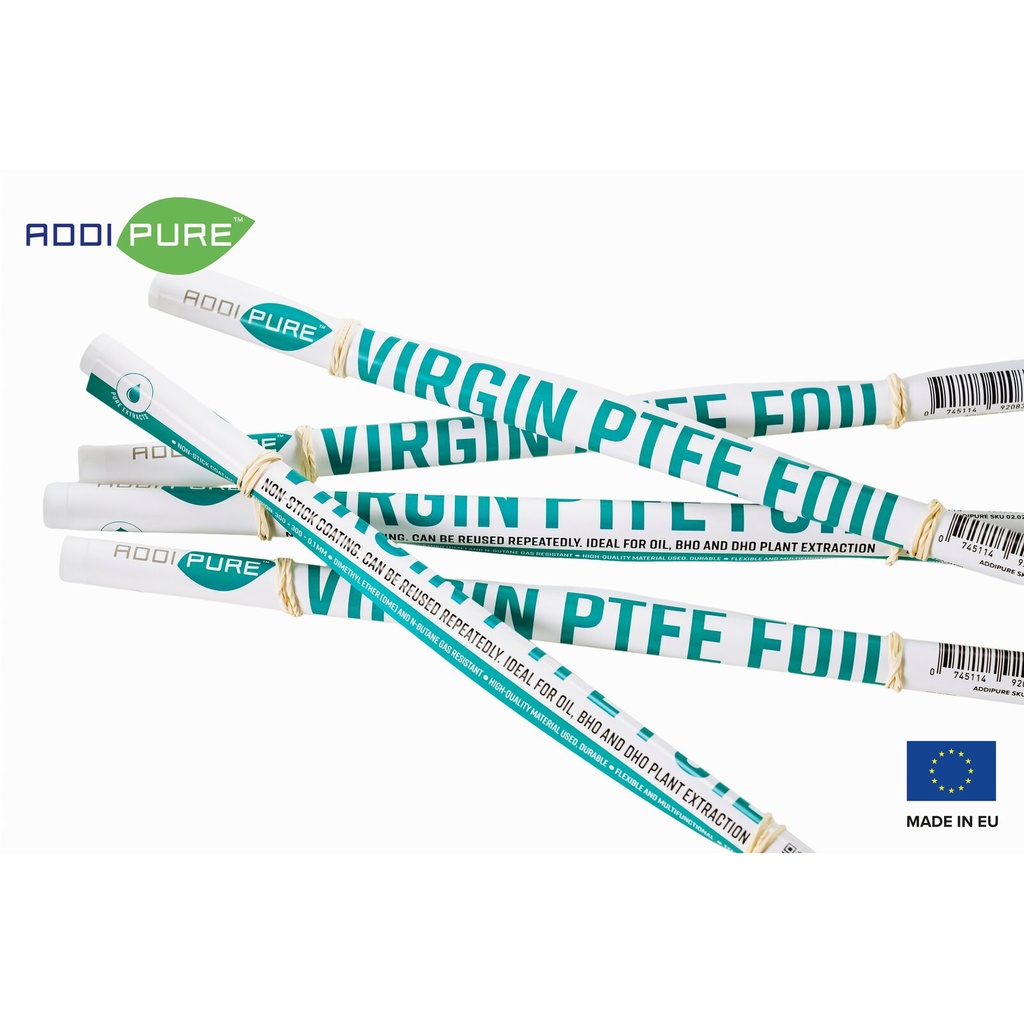 ADDIPURE Virgin PTFE Sheet, non-stick coated, unfolded. Dimension: 300 x 300 x 0.1 mm. Flexible, multifunctional. DME and n-Butane resistant. Ideal for oil, BHO and DHO extraction.