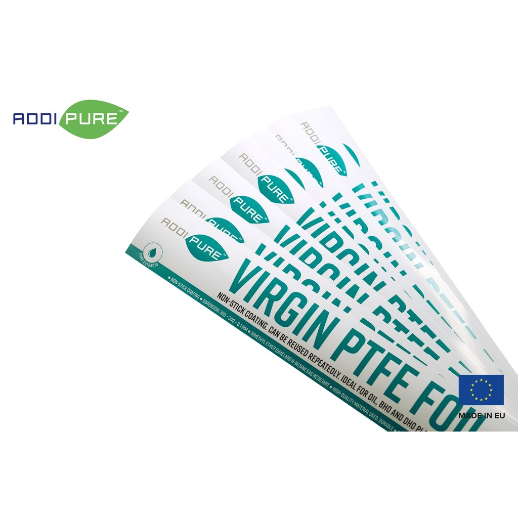 ADDIPURE Virgin PTFE Sheet, non-stick coated, unfolded. Dimension: 300 x 300 x 0.1 mm. Flexible, multifunctional. DME and n-Butane resistant. Ideal for oil, BHO and DHO extraction.