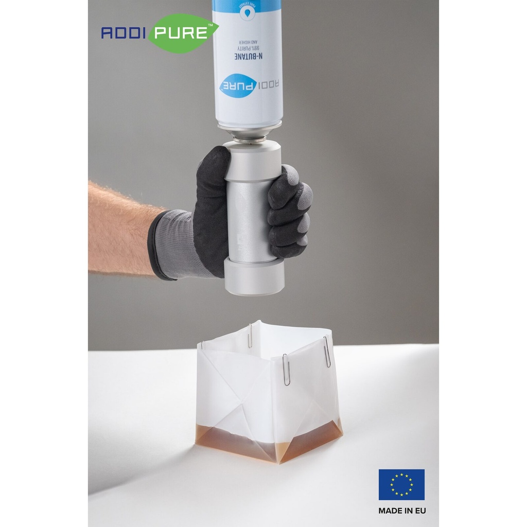 ADDIPURE Virgin PTFE Sheet, non-stick coated, folded. Dimension: 100 x 100 x 100 mm. Flexible, multifunctional. DME and n-Butane resistant. Ideal for oil, BHO and DHO extraction.