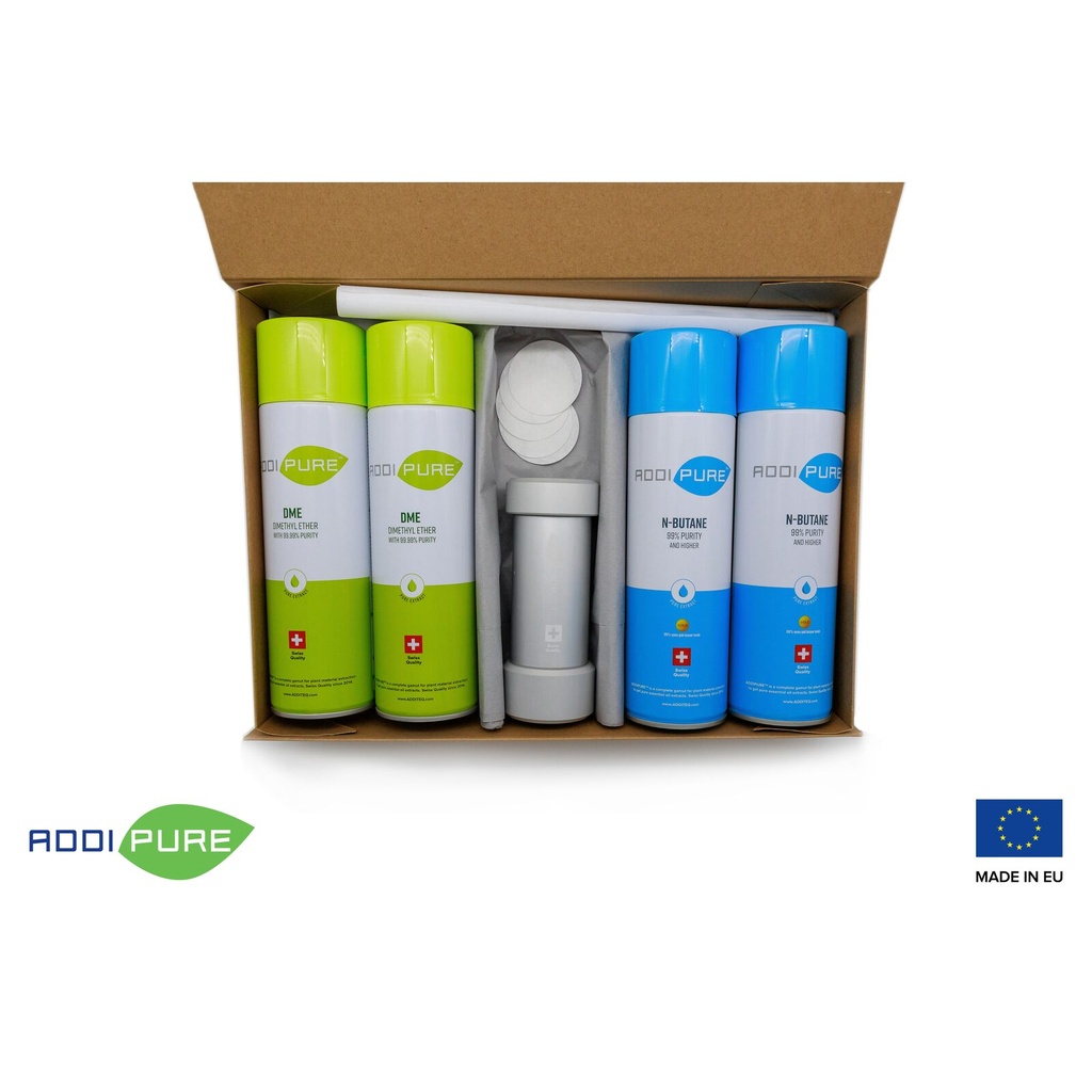 BHO StarterKit ADDIPURE 60*50 (DME and n-Butane) for oil, BHO and DHO. Capacity 20 g. Get started with easy and efficient plant extraction. Swiss quality.
