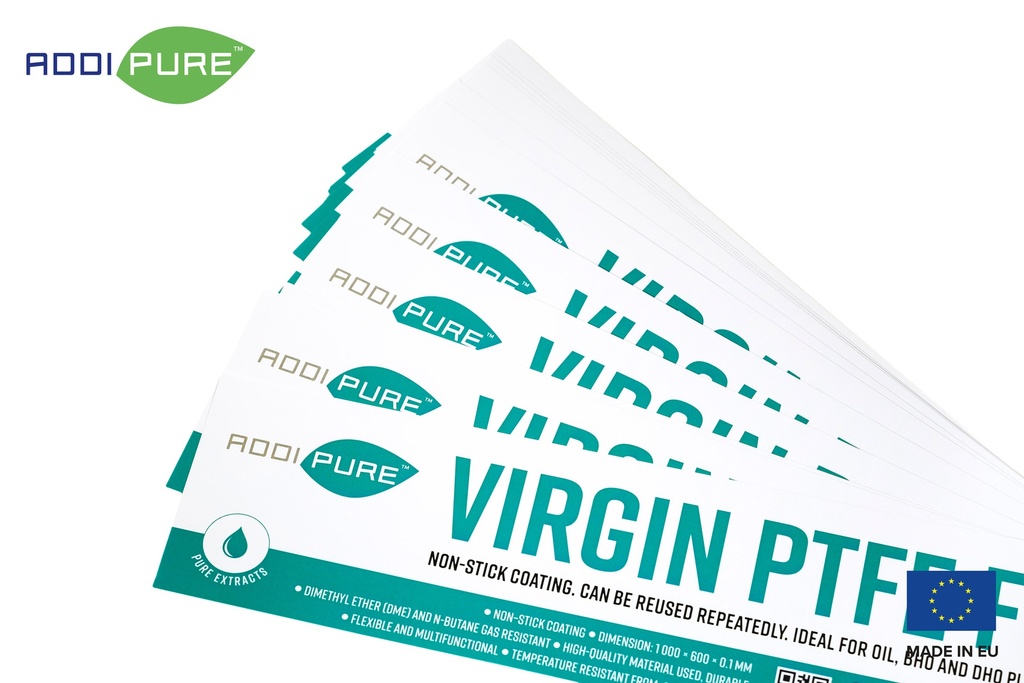 ADDIPURE Virgin PTFE Sheet, non-stick coated, unfolded. Dimension: 1000 x 600 x 0.1 mm. Flexible, multifunctional. DME and n-Butane resistant. Ideal for oil, BHO and DHO extraction.