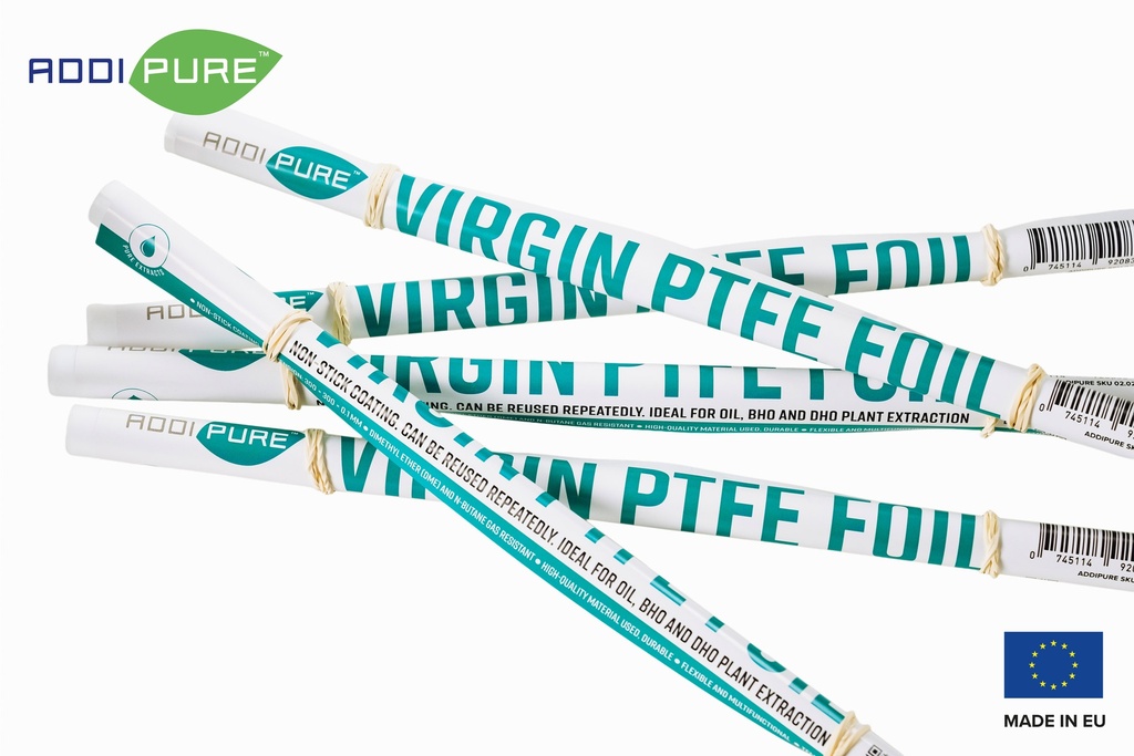 ADDIPURE Virgin PTFE Sheet, non-stick coated, unfolded. Dimension: 300 x 300 x 0.1 mm. Flexible, multifunctional. DME and n-Butane resistant. Ideal for oil, BHO and DHO extraction.