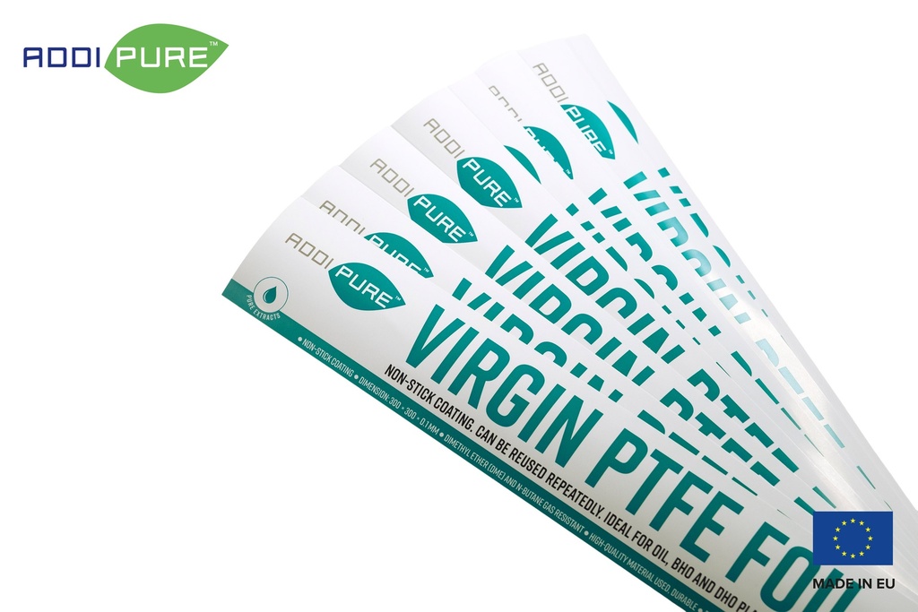 ADDIPURE Virgin PTFE Sheet, non-stick coated, unfolded. Dimension: 300 x 300 x 0.1 mm. Flexible, multifunctional. DME and n-Butane resistant. Ideal for oil, BHO and DHO extraction.