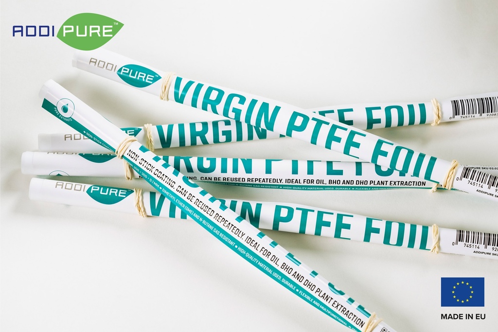 ADDIPURE Virgin PTFE Sheet, non-stick coated, unfolded. Dimension: 300 x 300 x 0.1 mm. Flexible, multifunctional. DME and n-Butane resistant. Ideal for oil, BHO and DHO extraction.