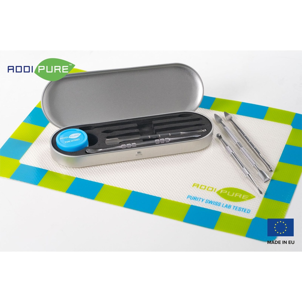 ADDIPURE Dabbing tool kit. 5 stainless steel tools with food-grade silicone jar, 5ml. Versatile use for extracts, concentrates and wax.