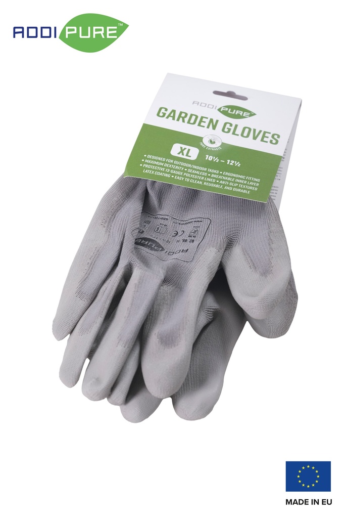 ADDIPURE Garden gloves for BHO extraction. Grey, size XL. Non-slip grip, light fitting, maximum dexterity, non-seamless, breathable, versatile.