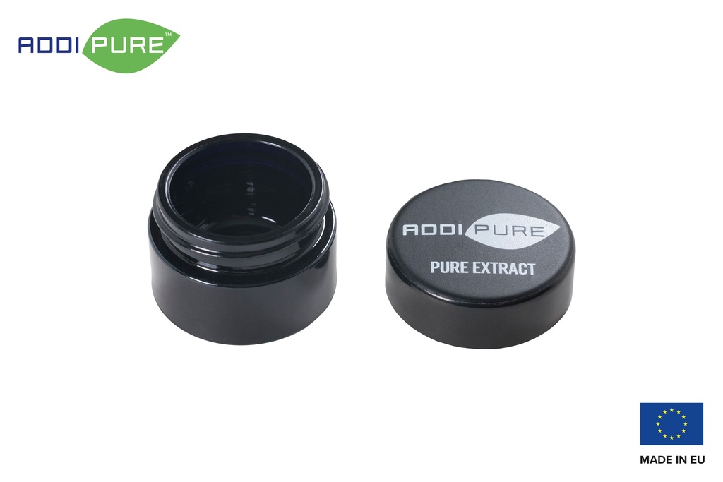 ADDIPURE UV ultraviolet glass jar, 10 ml, black lid, round. Packaging for natural products. Maximum light protection for natural plant products.