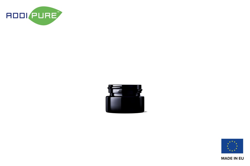 ADDIPURE UV ultraviolet glass jar, 10 ml, black lid, round. Packaging for natural products. Maximum light protection for natural plant products.