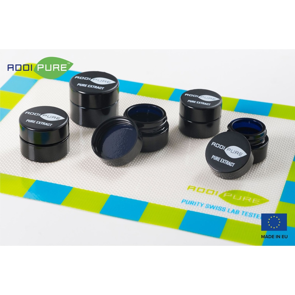ADDIPURE UV ultraviolet glass jar, 10 ml, black lid, round. Packaging for natural products. Maximum light protection for natural plant products.