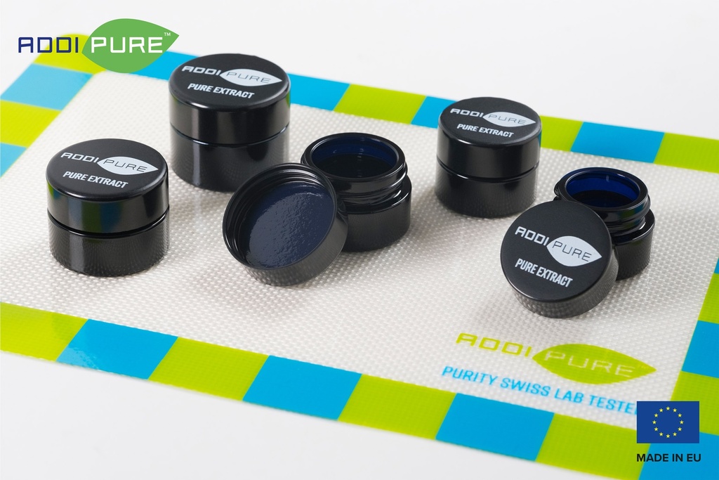 ADDIPURE UV ultraviolet glass jar, 10 ml, black lid, round. Packaging for natural products. Maximum light protection for natural plant products.