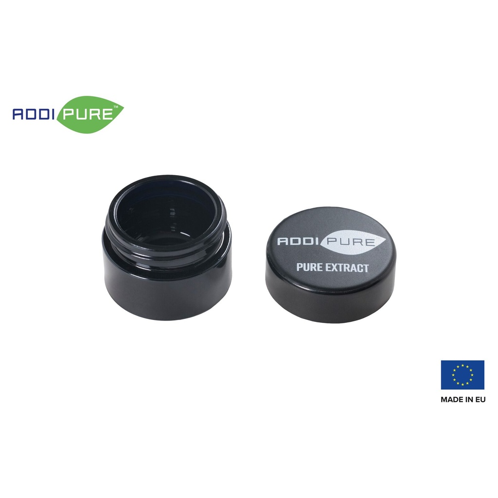 ADDIPURE UV ultraviolet glass jar, 15 ml, black lid, round. Packaging for natural products. Maximum light protection for natural plant products.