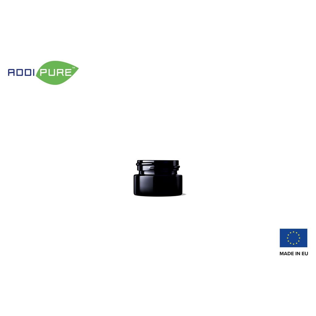 ADDIPURE UV ultraviolet glass jar, 15 ml, black lid, round. Packaging for natural products. Maximum light protection for natural plant products.