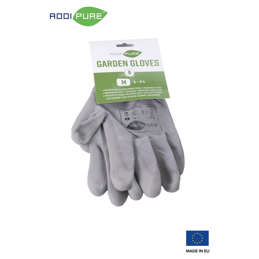 ADDIPURE Garden gloves for BHO extraction. Grey, size M. Non-slip grip, light fitting, maximum dexterity, non-seamless, breathable, versatile.