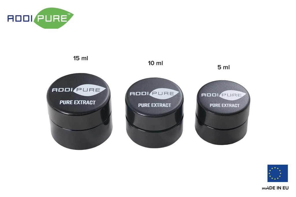 ADDIPURE UV ultraviolet glass jar, 15 ml, black lid, round. Packaging for natural products. Maximum light protection for natural plant products.