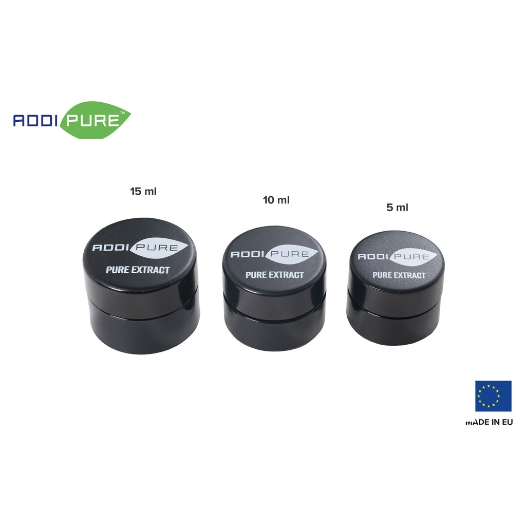 ADDIPURE UV ultraviolet glass jar, 15 ml, black lid, round. Packaging for natural products. Maximum light protection for natural plant products.
