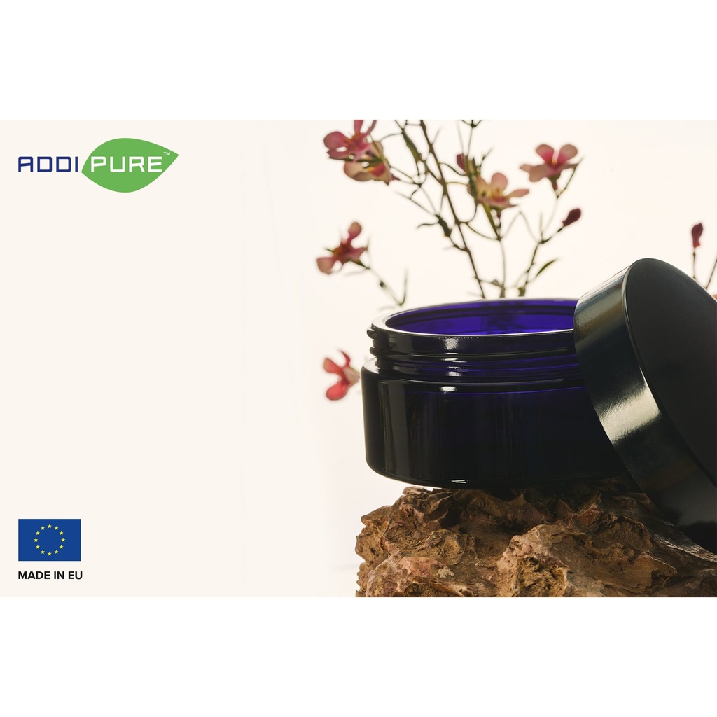 ADDIPURE UV ultraviolet glass jar, 15 ml, black lid, round. Packaging for natural products. Maximum light protection for natural plant products.