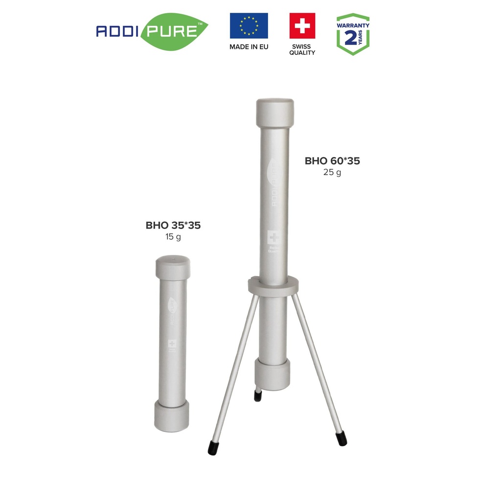 BHO Extractor ADDIPURE 35*35 (non-height-adjustable) for oil, BHO and DHO. Capacity 15 g. Aluminium, food grade anodised finish. 3-layer filter for maximum purity. Swiss quality.
