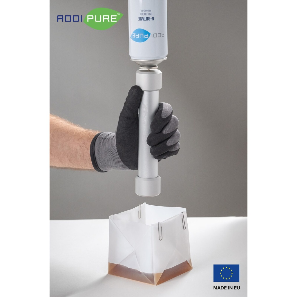 BHO Extractor ADDIPURE 35*35 (non-height-adjustable) for oil, BHO and DHO. Capacity 15 g. Aluminium, food grade anodised finish. 3-layer filter for maximum purity. Swiss quality.