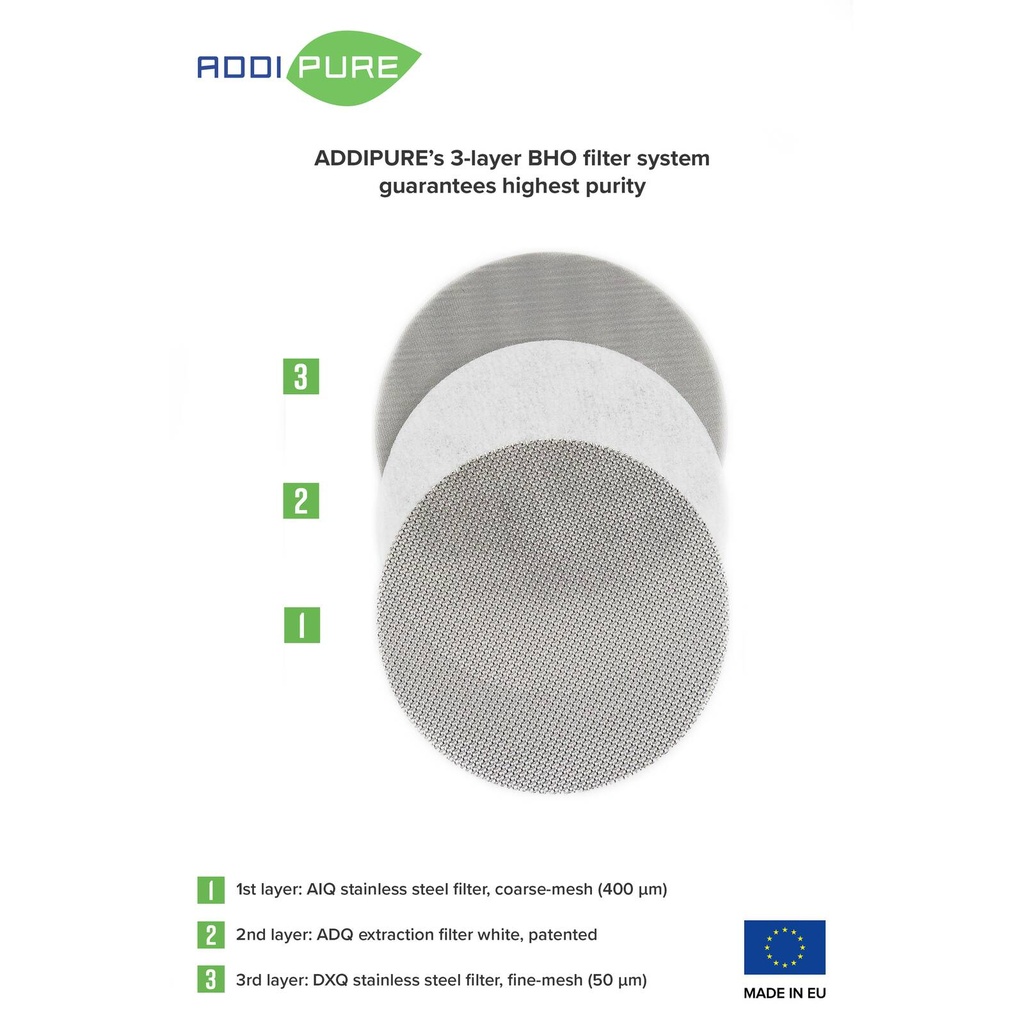 BHO Extractor ADDIPURE 120*50 (height-adjustable) for oil, BHO and DHO. Capacity 60 g. Aluminium, food grade anodised finish. 3-layer filter for maximum purity. Swiss quality.