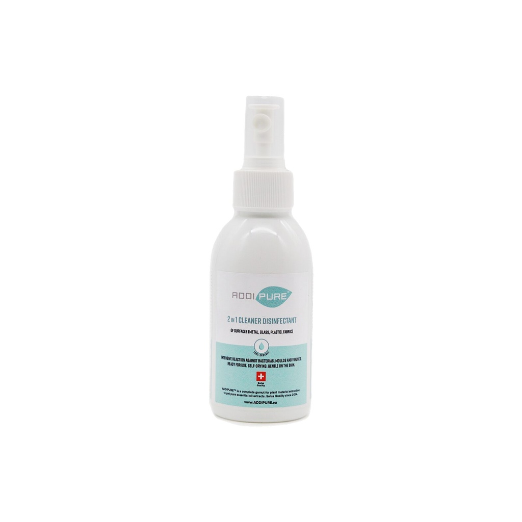 ADDIPURE 2in1 Cleaner Disinfectant, 150 ml, spray. For highly effective, fast-acting elimination of bacteria, germs, viruses and mould. Organic product. Ready to use. Self-drying. Kind to skin.