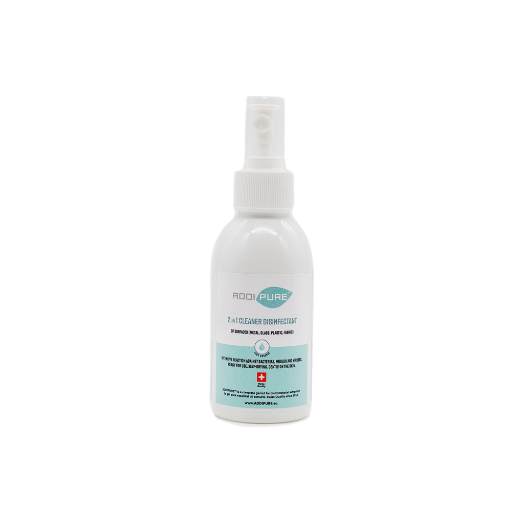 ADDIPURE 2v1 čistič a dezinfekce, 150 ml, spray. Rychle a účinně likviduje bakterie, viry, plísně. Organický produkt. Připraven k použití. Samoosychající. Šetrný k pokožce.  