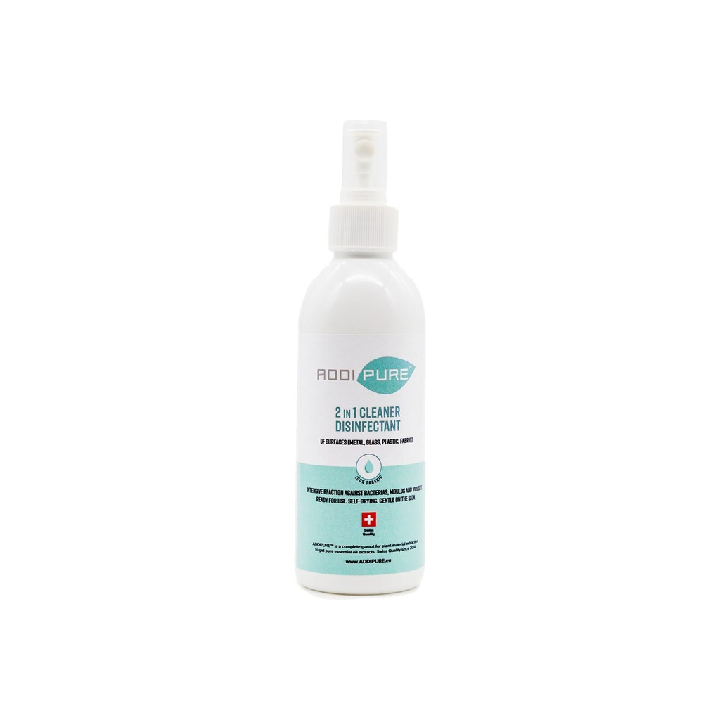ADDIPURE 2in1 Cleaner Disinfectant, 300 ml, spray. For highly effective, fast-acting elimination of bacteria, germs, viruses and mould. Organic product. Ready to use. Self-drying. Kind to skin.