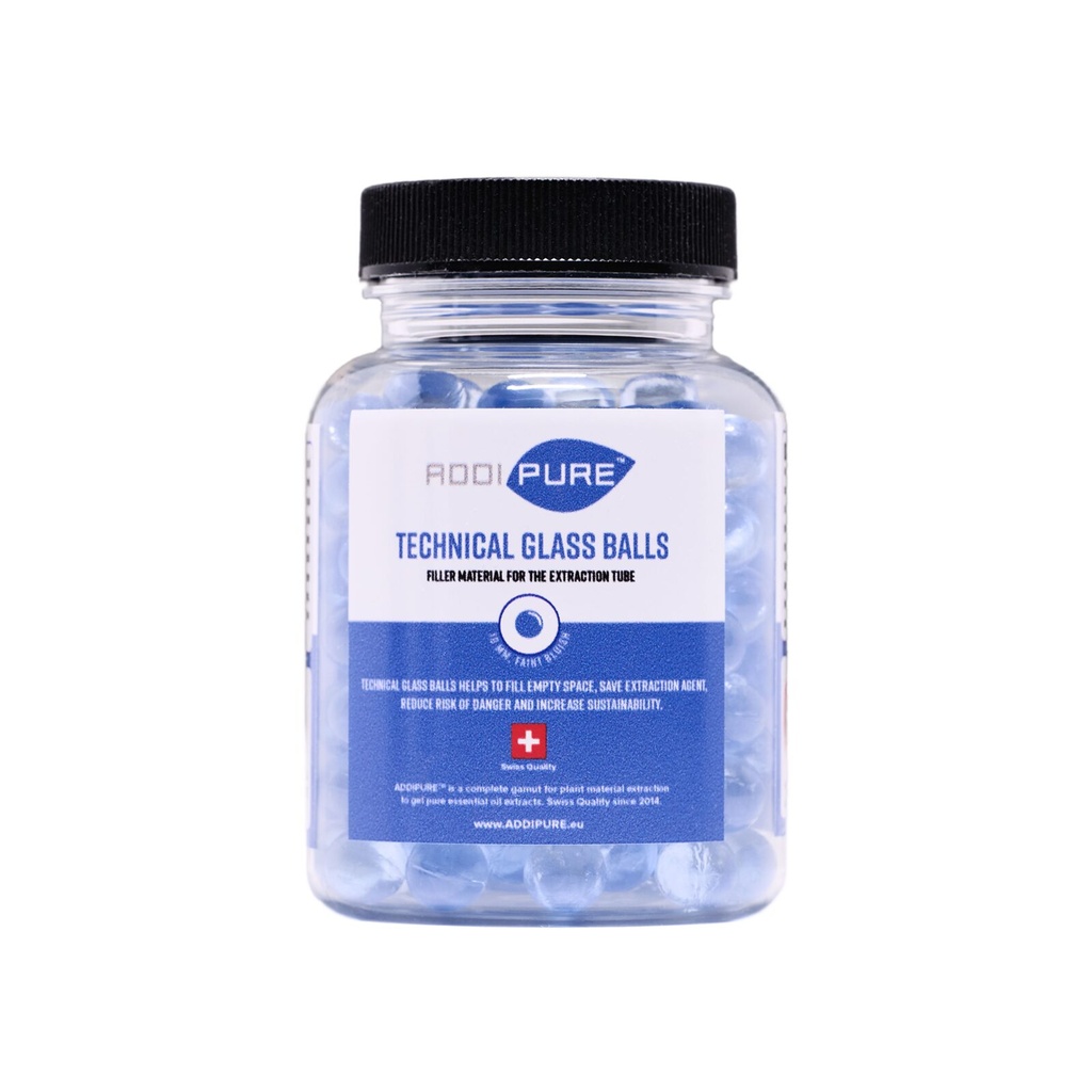 ADDIPURE Technical Glass Beads. 250 g container. Diameter 10 mm. Spherical, slightly blueish. As a filler for the oil, BHO, DHO extractor.