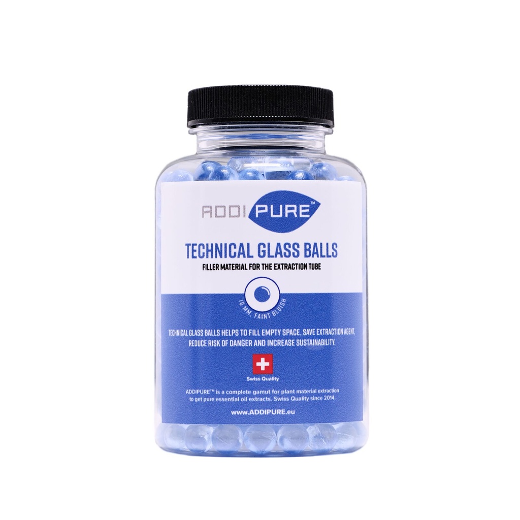 ADDIPURE Technical Glass Beads. 500 g container. Diameter 10 mm. Spherical, slightly blueish. As a filler for the oil, BHO, DHO extractor.
