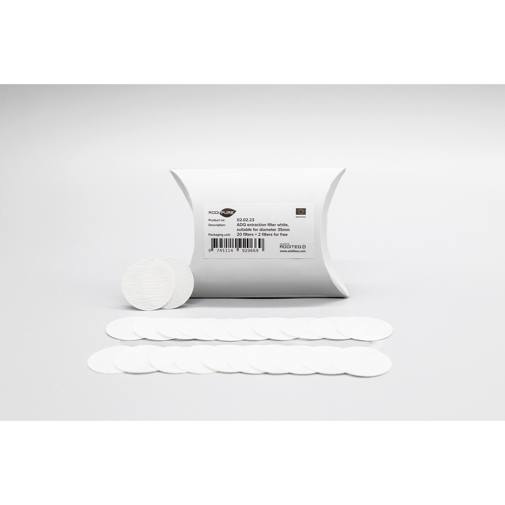 Sada s 20+2 bílých extrakčních filtrů ADDIPURE ADQ, patentováno, průměr 35 mm. Ideální pro extrakci oleje, BHO a DHO. Pro použití s Extraktor BHO ADDIPURE 35.