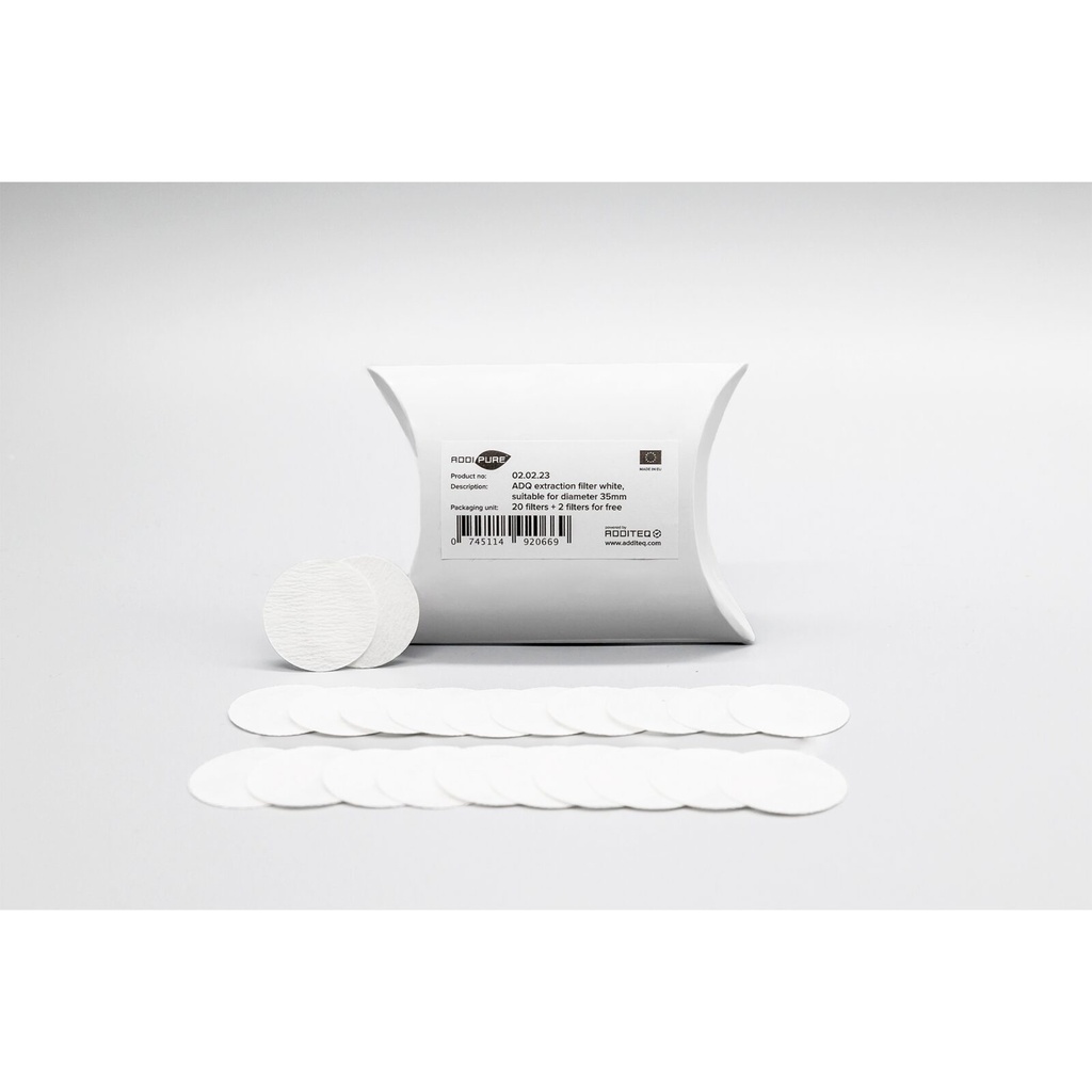 Zestaw 20+2 białych filtrów ekstrakcyjnych ADDIPURE ADQ, opatentowanych, średnica 35 mm. Idealny do oleju, BHO i DHO. Do stosowania z Ekstraktor BHO ADDIPURE 35.