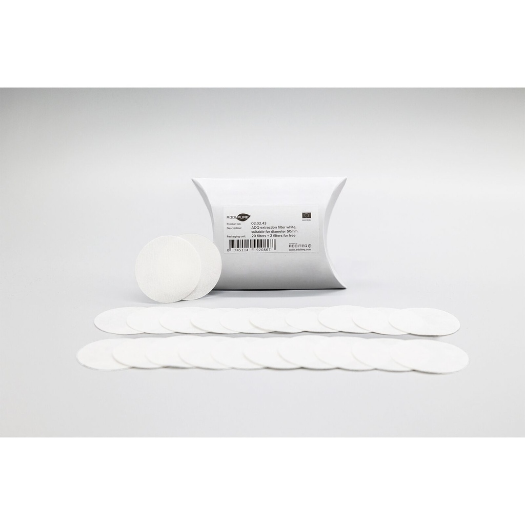 Set of 20+2 ADDIPURE ADQ extraction filters, patented, diameter: 50 mm. Ideal for oil, BHO and DHO extraction. For use with BHO Extractor ADDIPURE 50.